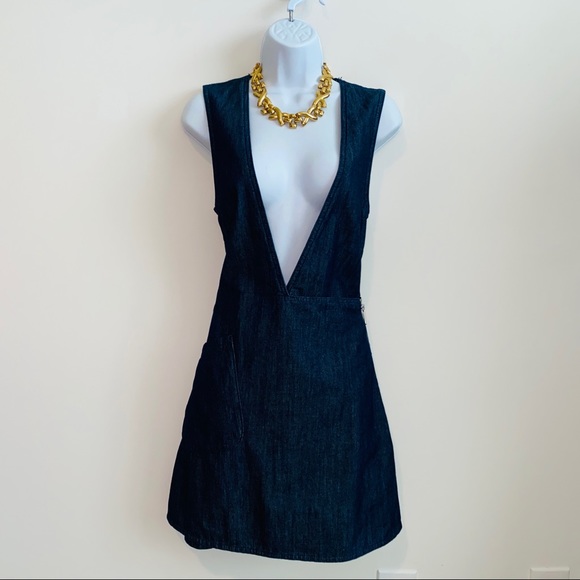 Cheap Monday Dark Denim Blue Jean Deep V Wrap Skirt Dress Size Small - Picture 2 of 8